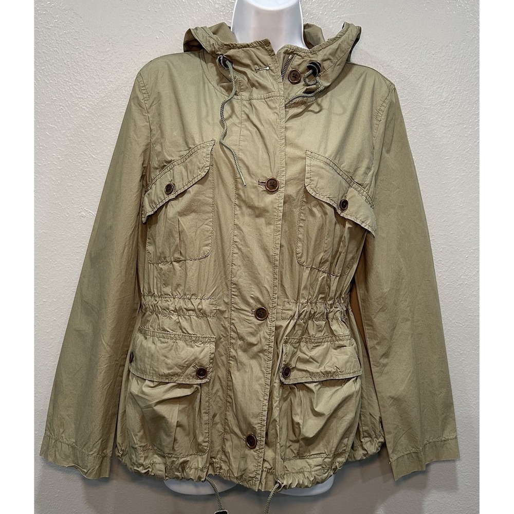 Ann Taylor LOFT Utility Jacket Women Large Army Green Zip/Button 4 Pockets Hood